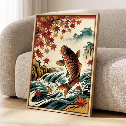 Autumn Koi Cascade, beige, black, red nature wall art displayed in a styled interior, gallery view 4