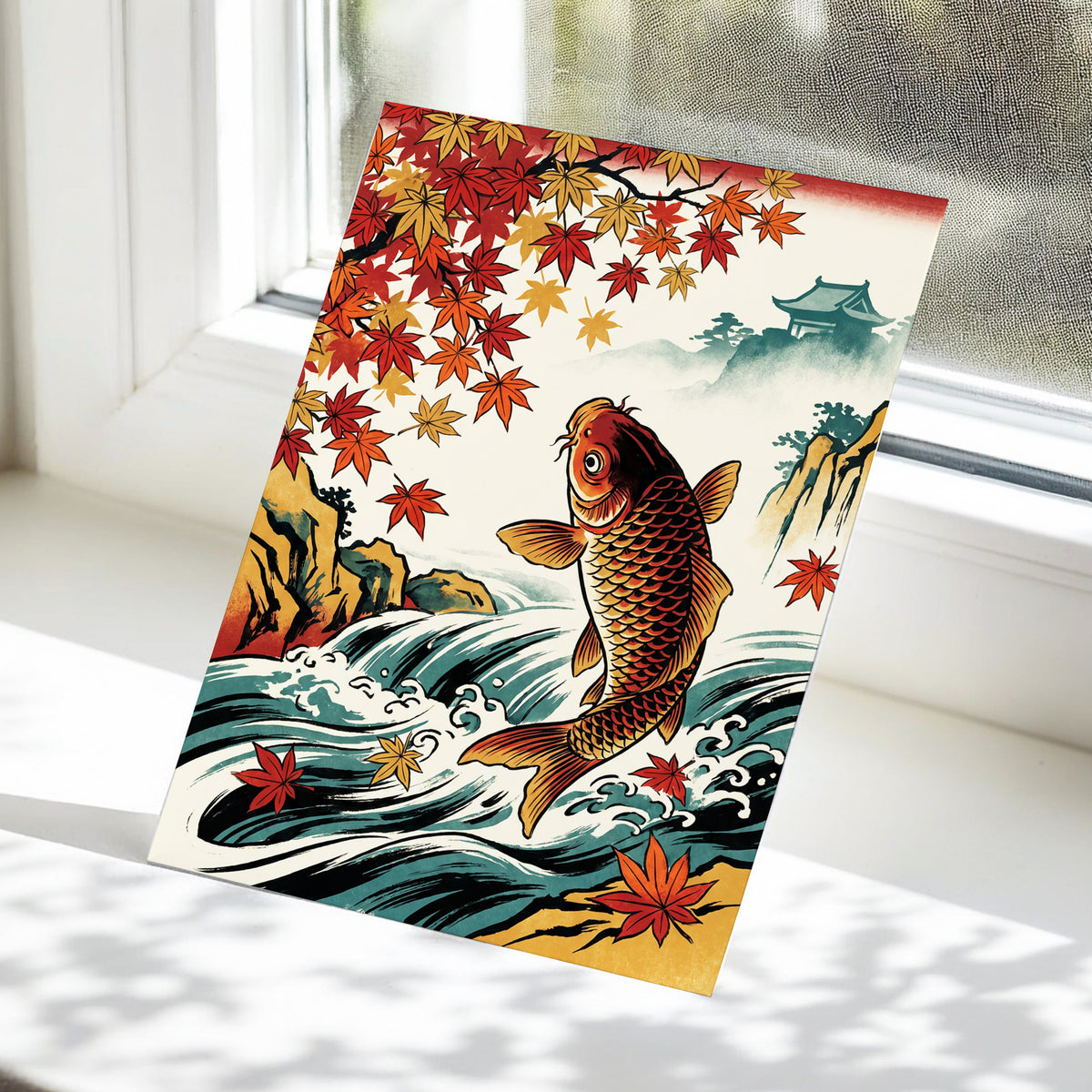 Autumn Koi Cascade, beige, black, red nature wall art displayed in a styled interior, gallery view 5