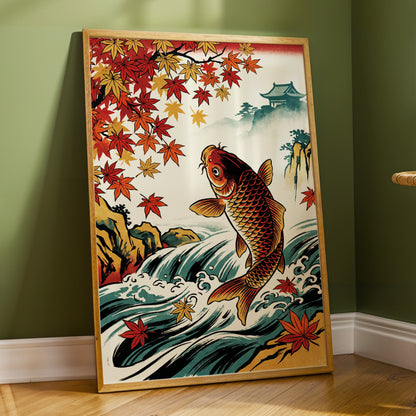 Autumn Koi Cascade, beige, black, red nature wall art displayed in a styled interior, gallery view 6