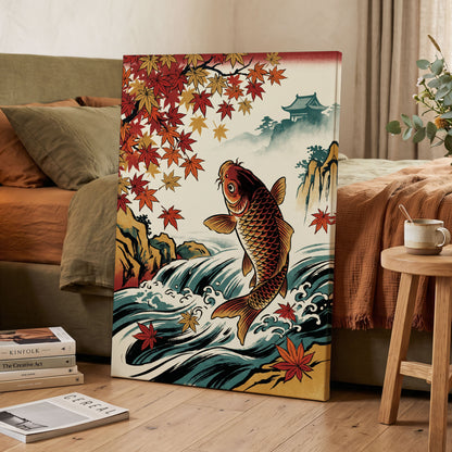 Autumn Koi Cascade, beige, black, red nature wall art displayed in a styled interior, gallery view 7