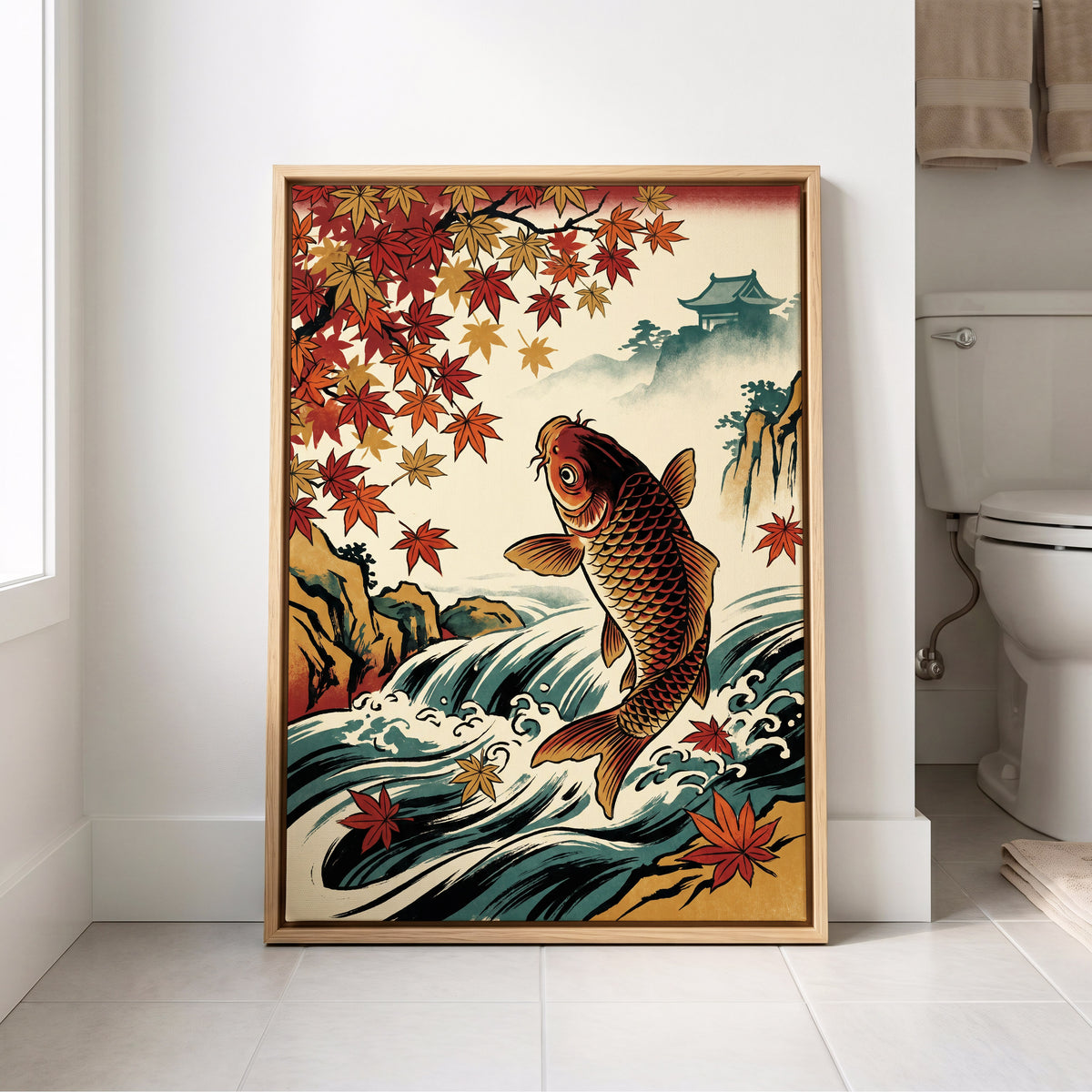 Autumn Koi Cascade, beige, black, red nature wall art displayed in a styled interior, gallery view 8