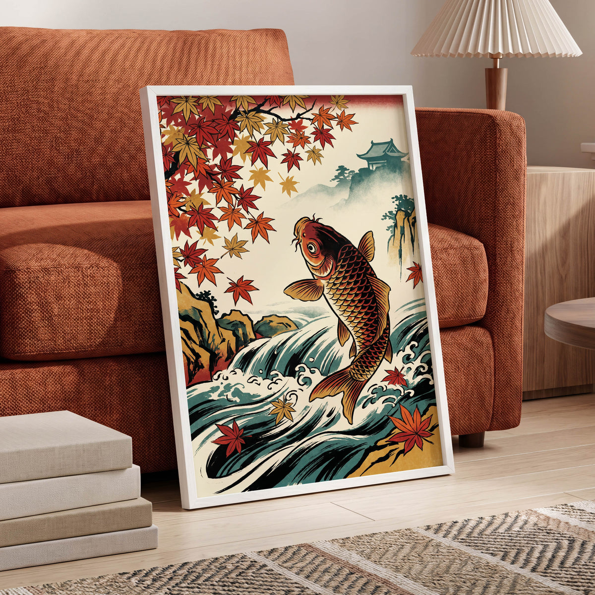 Autumn Koi Cascade, beige, black, red nature wall art displayed in a styled interior, gallery view 9
