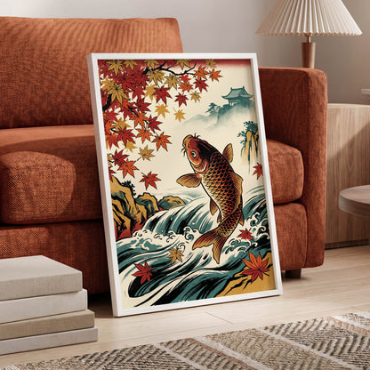 Autumn Koi Cascade, beige, black, red nature wall art displayed in a styled interior, gallery view 9