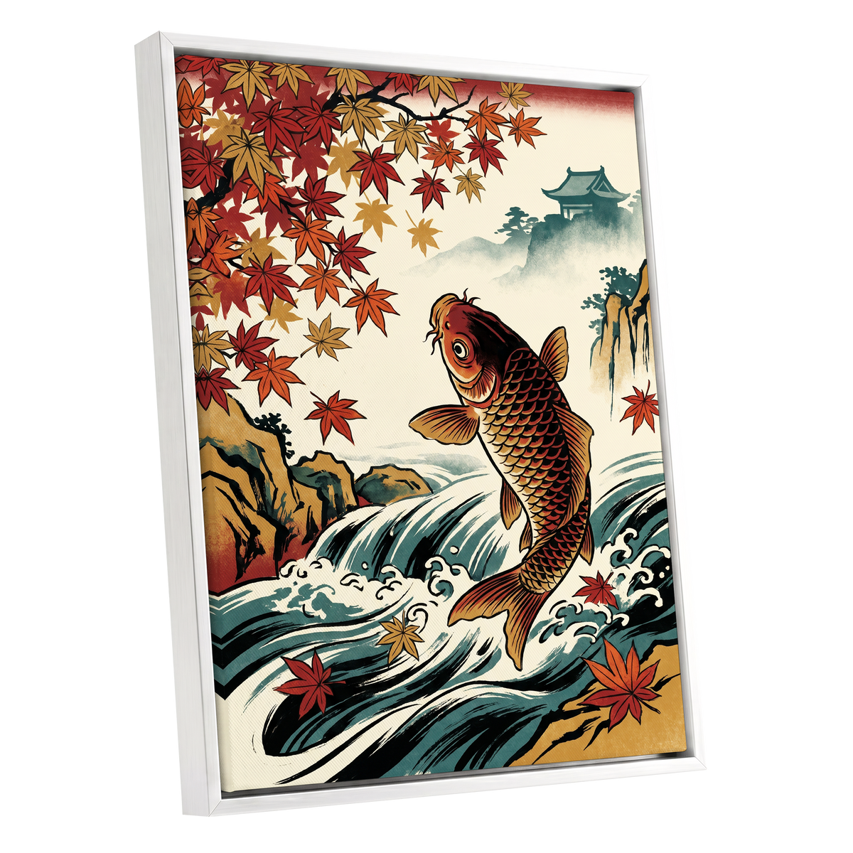 Autumn Koi Cascade, beige, black, red nature wall art shown as a white framed canvas wall art
