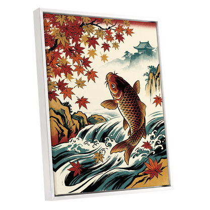 Autumn Koi Cascade, beige, black, red nature wall art shown as a white framed canvas wall art