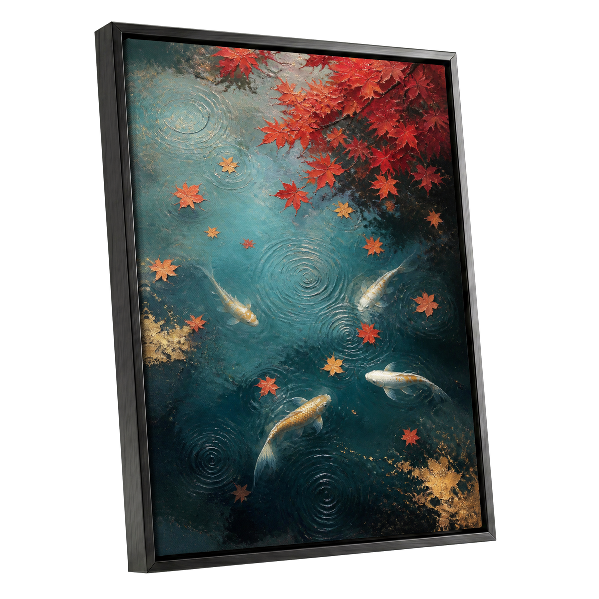 Autumn Koi Reverie, blue, red, gold nature wall art shown as a black framed canvas wall art