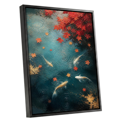 Autumn Koi Reverie, blue, red, gold nature wall art shown as a black framed canvas wall art