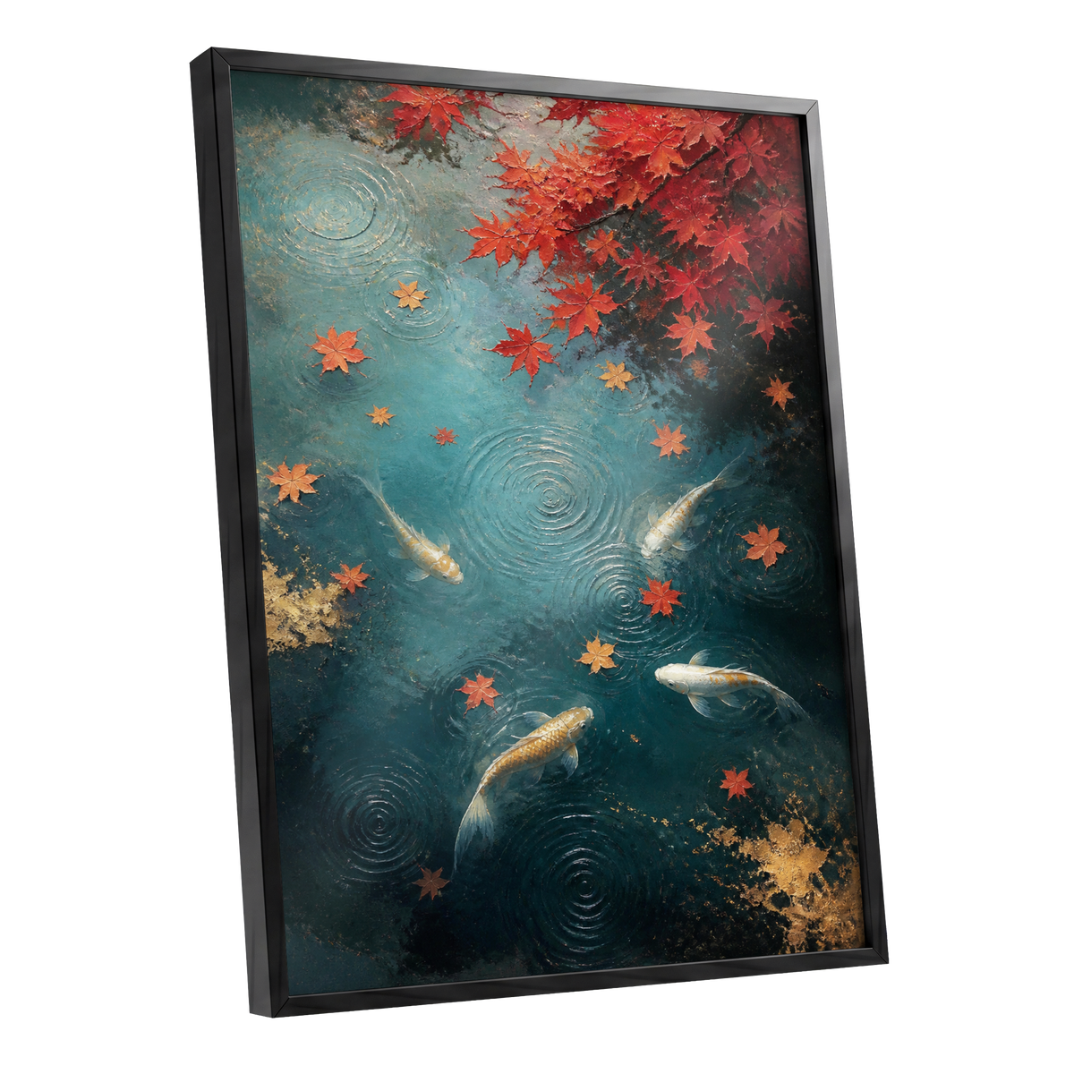 Autumn Koi Reverie, blue, red, gold nature wall art shown as a black framed poster wall art print