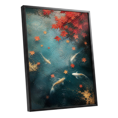 Autumn Koi Reverie, blue, red, gold nature wall art shown as a black framed poster wall art print