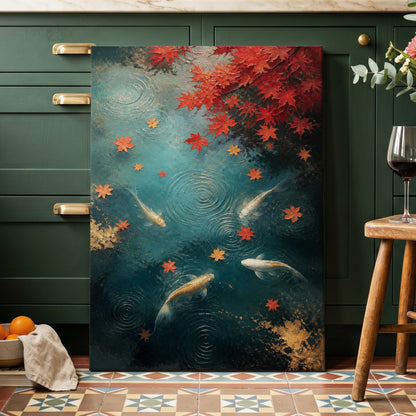 Autumn Koi Reverie, blue, red, gold nature wall art on canvas displayed in a styled interior, gallery view 1
