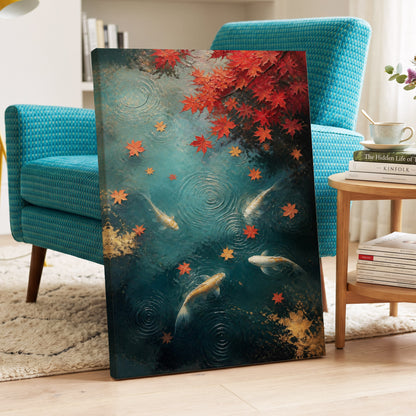 Autumn Koi Reverie, blue, red, gold nature wall art on canvas displayed in a styled interior, gallery view 2