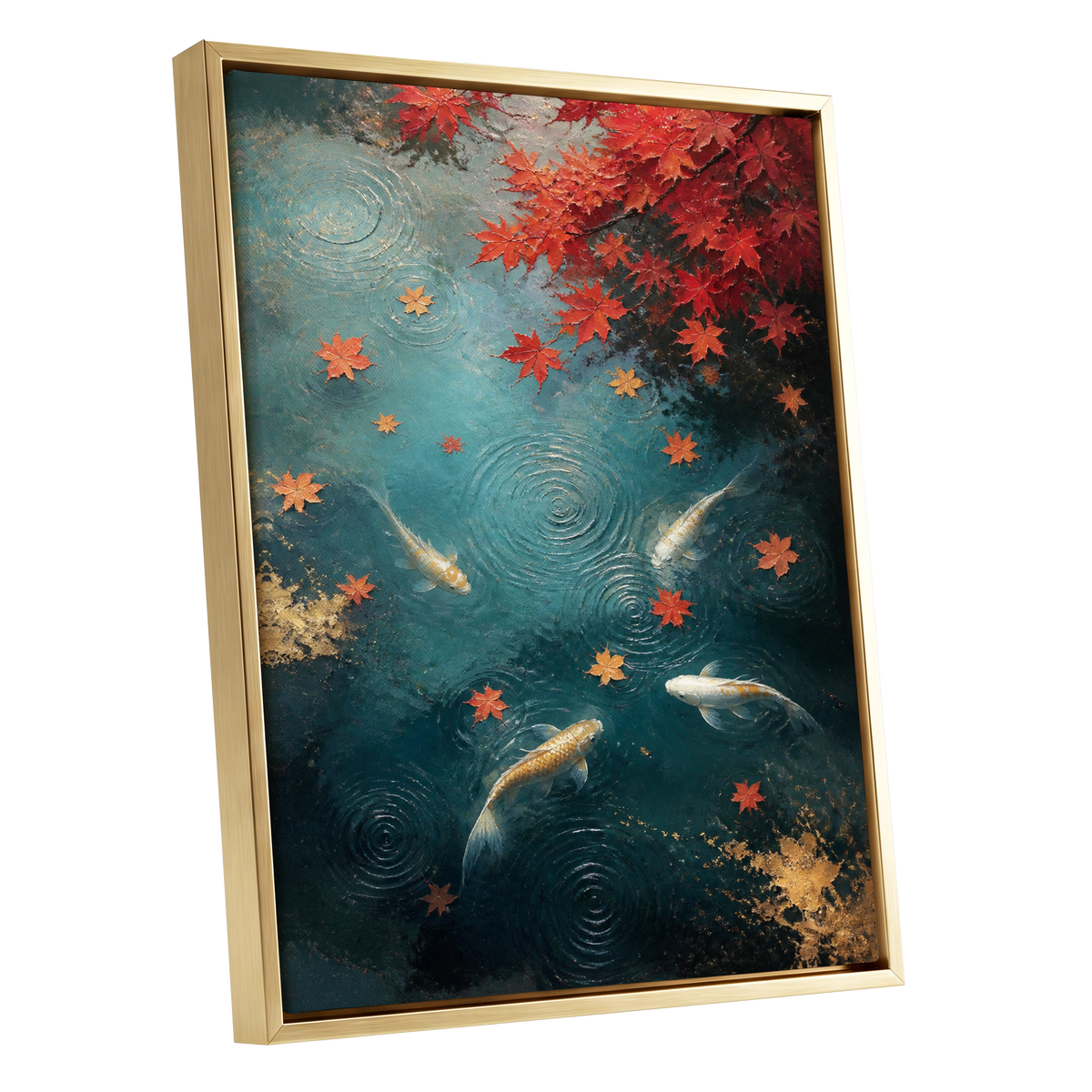 Autumn Koi Reverie, blue, red, gold nature wall art shown as a gold framed canvas wall art