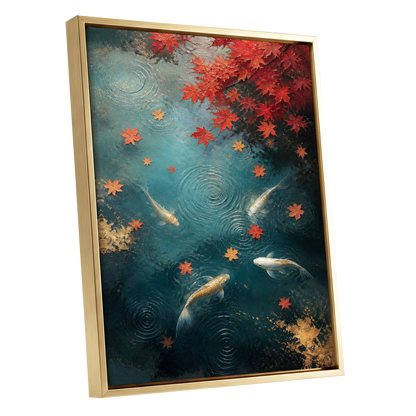 Autumn Koi Reverie, blue, red, gold nature wall art shown as a gold framed canvas wall art