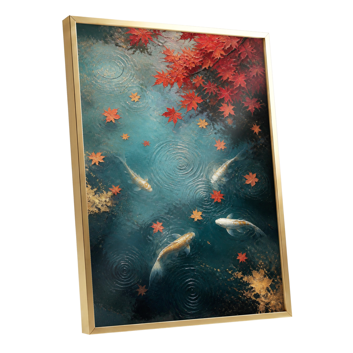 Autumn Koi Reverie, blue, red, gold nature wall art shown as a gold framed poster wall art print