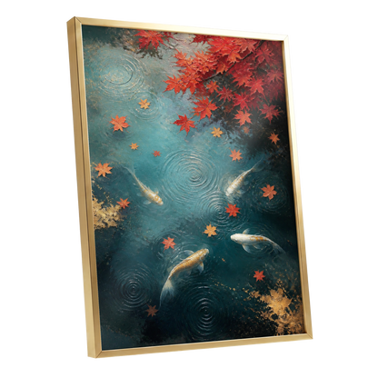 Autumn Koi Reverie, blue, red, gold nature wall art shown as a gold framed poster wall art print