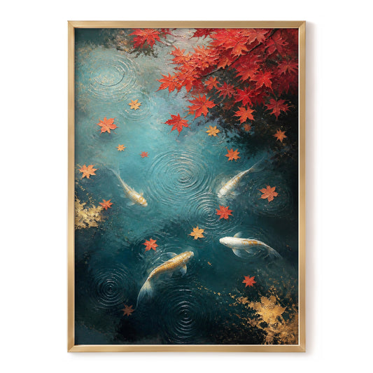 Autumn Koi Reverie, blue, red, gold nature wall art, front artwork view