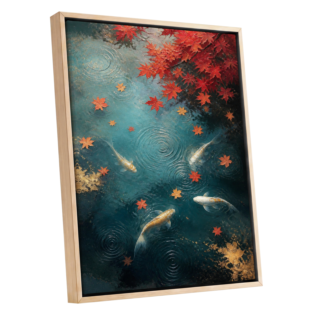 Autumn Koi Reverie, blue, red, gold nature wall art shown as a oak framed canvas wall art