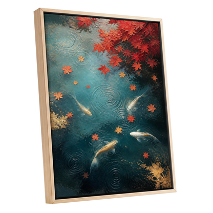 Autumn Koi Reverie, blue, red, gold nature wall art shown as a oak framed canvas wall art