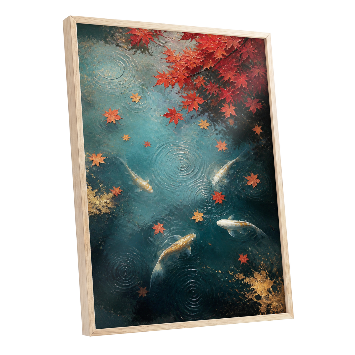 Autumn Koi Reverie, blue, red, gold nature wall art shown as a oak framed poster wall art print