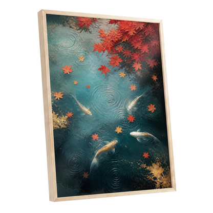 Autumn Koi Reverie, blue, red, gold nature wall art shown as a oak framed poster wall art print