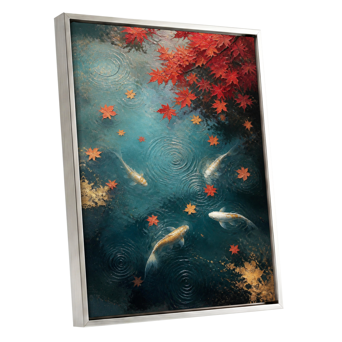 Autumn Koi Reverie, blue, red, gold nature wall art shown as a silver framed canvas wall art