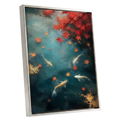 Autumn Koi Reverie, blue, red, gold nature wall art shown as a silver framed canvas wall art
