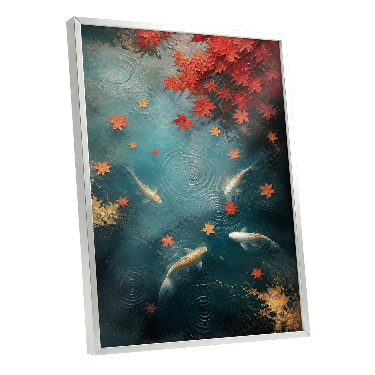 Autumn Koi Reverie, blue, red, gold nature wall art shown as a silver framed poster wall art print