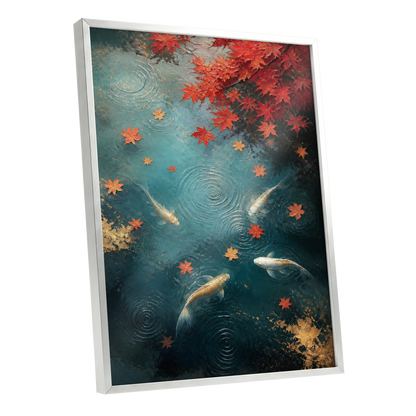 Autumn Koi Reverie, blue, red, gold nature wall art shown as a silver framed poster wall art print