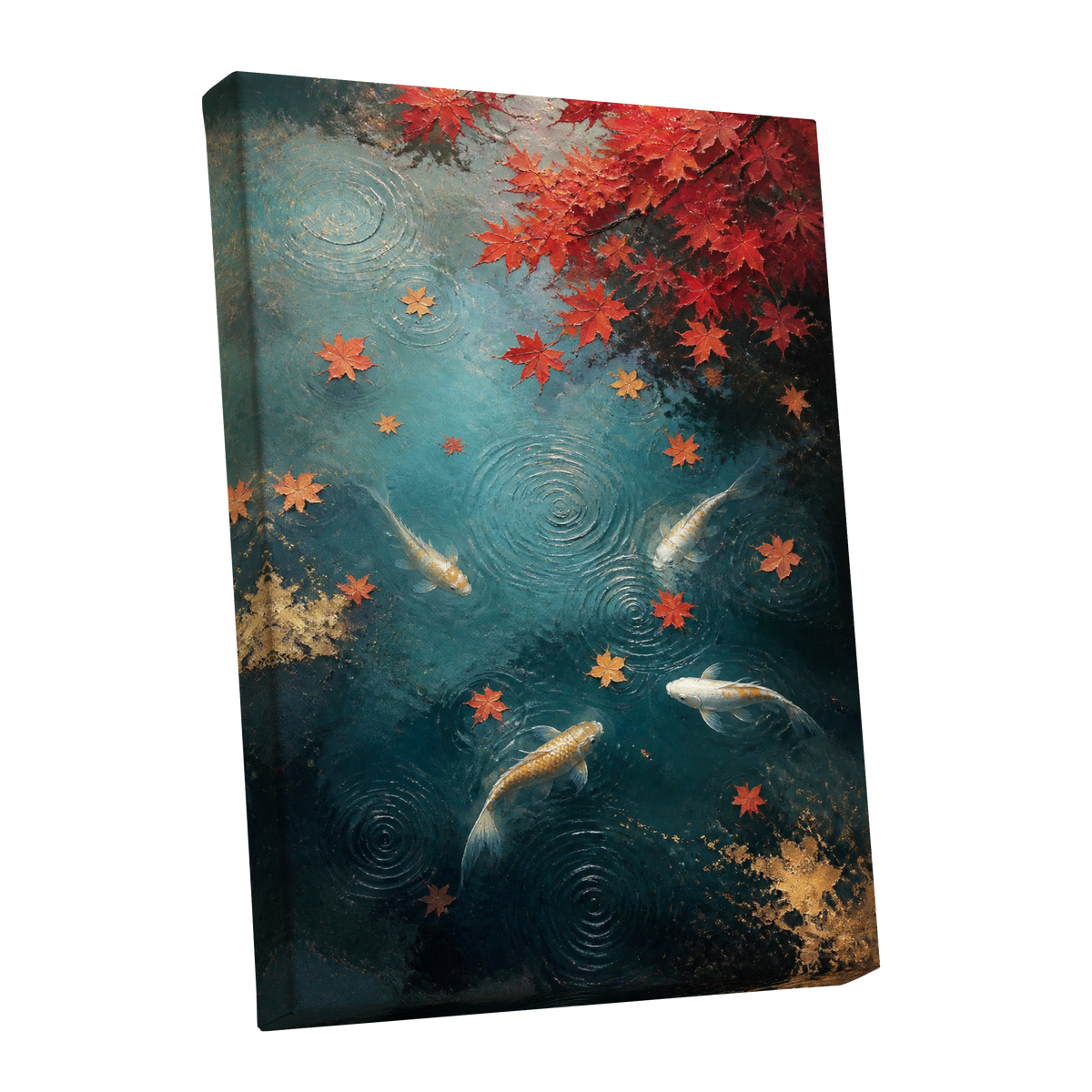 Autumn Koi Reverie, blue, red, gold nature wall art shown as a stretched canvas wall art