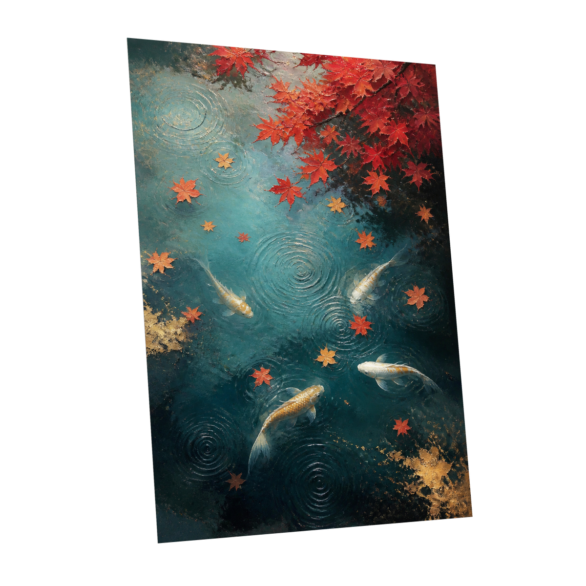 Autumn Koi Reverie, blue, red, gold nature wall art shown as a unframed poster wall art print