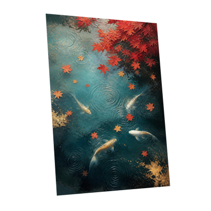 Autumn Koi Reverie, blue, red, gold nature wall art shown as a unframed poster wall art print