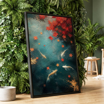 Autumn Koi Reverie, blue, red, gold nature wall art displayed in a styled interior, gallery view 1
