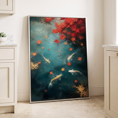 Autumn Koi Reverie, blue, red, gold nature wall art displayed in a styled interior, gallery view 2