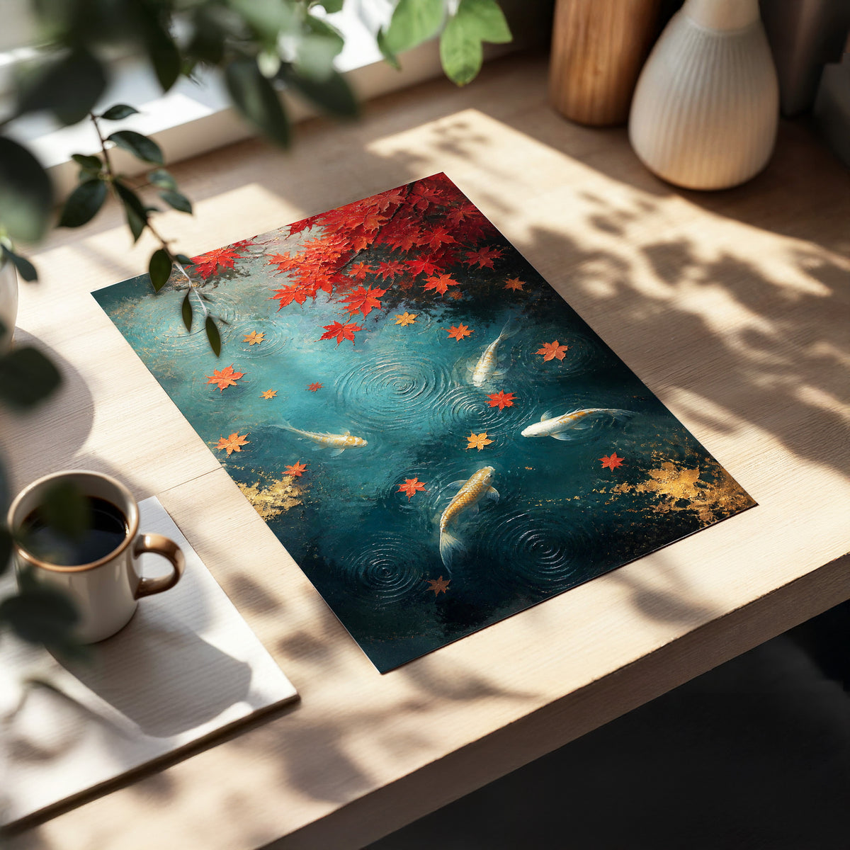 Autumn Koi Reverie, blue, red, gold nature wall art displayed in a styled interior, gallery view 3