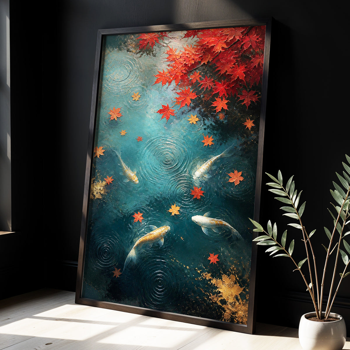 Autumn Koi Reverie, blue, red, gold nature wall art displayed in a styled interior, gallery view 4
