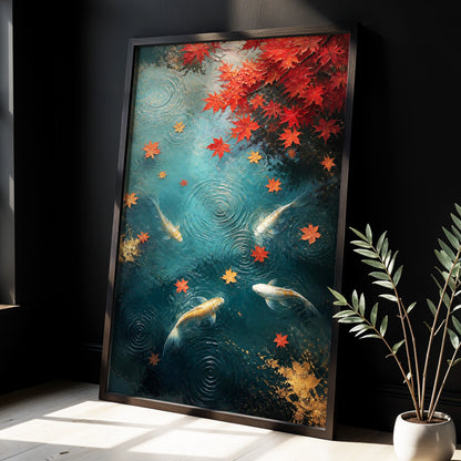 Autumn Koi Reverie, blue, red, gold nature wall art displayed in a styled interior, gallery view 4
