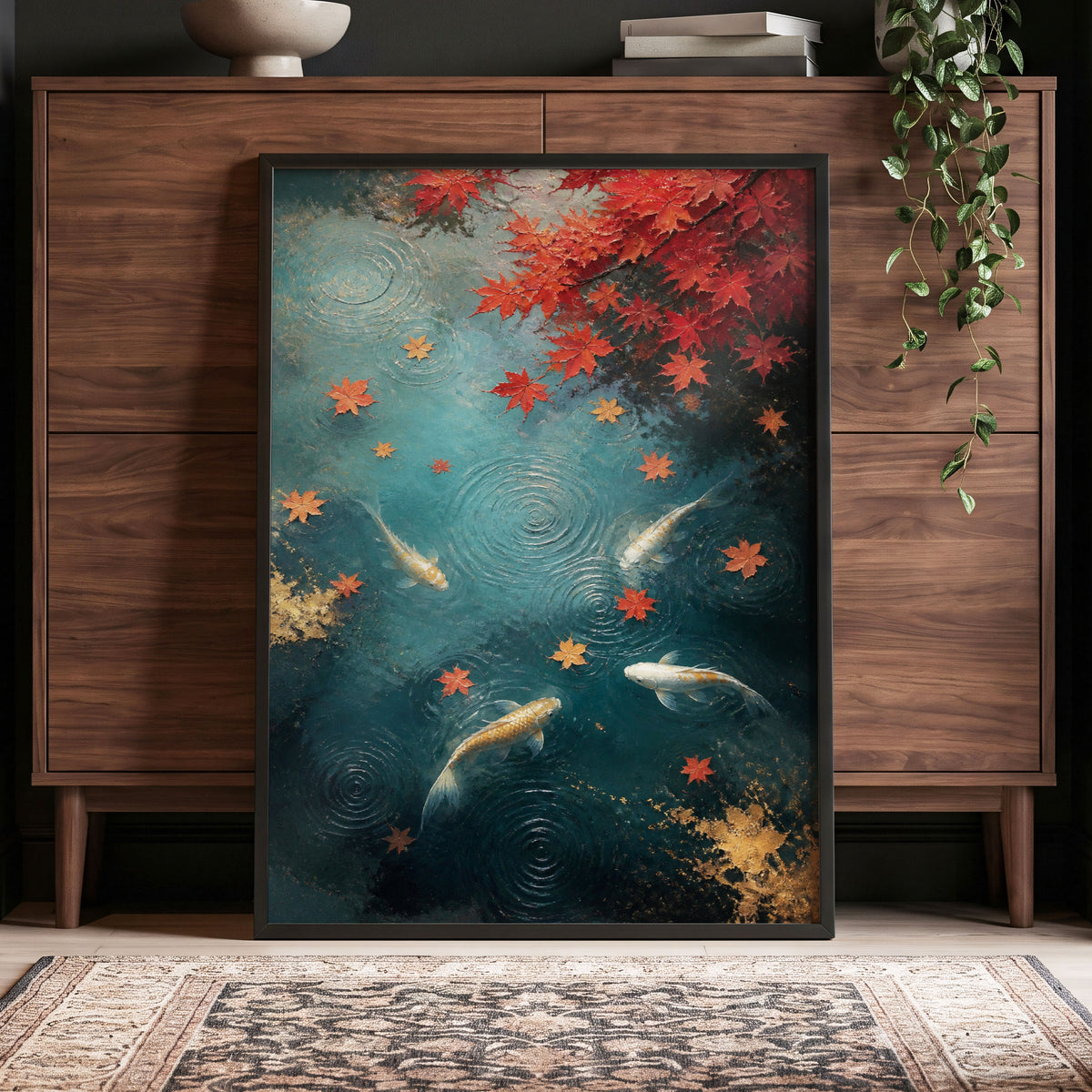 Autumn Koi Reverie, blue, red, gold nature wall art displayed in a styled interior, gallery view 5