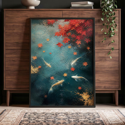 Autumn Koi Reverie, blue, red, gold nature wall art displayed in a styled interior, gallery view 5
