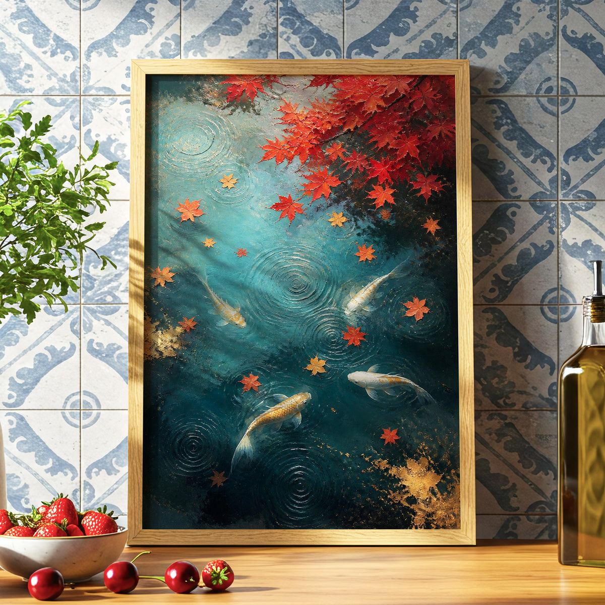 Autumn Koi Reverie, blue, red, gold nature wall art displayed in a styled interior, gallery view 6