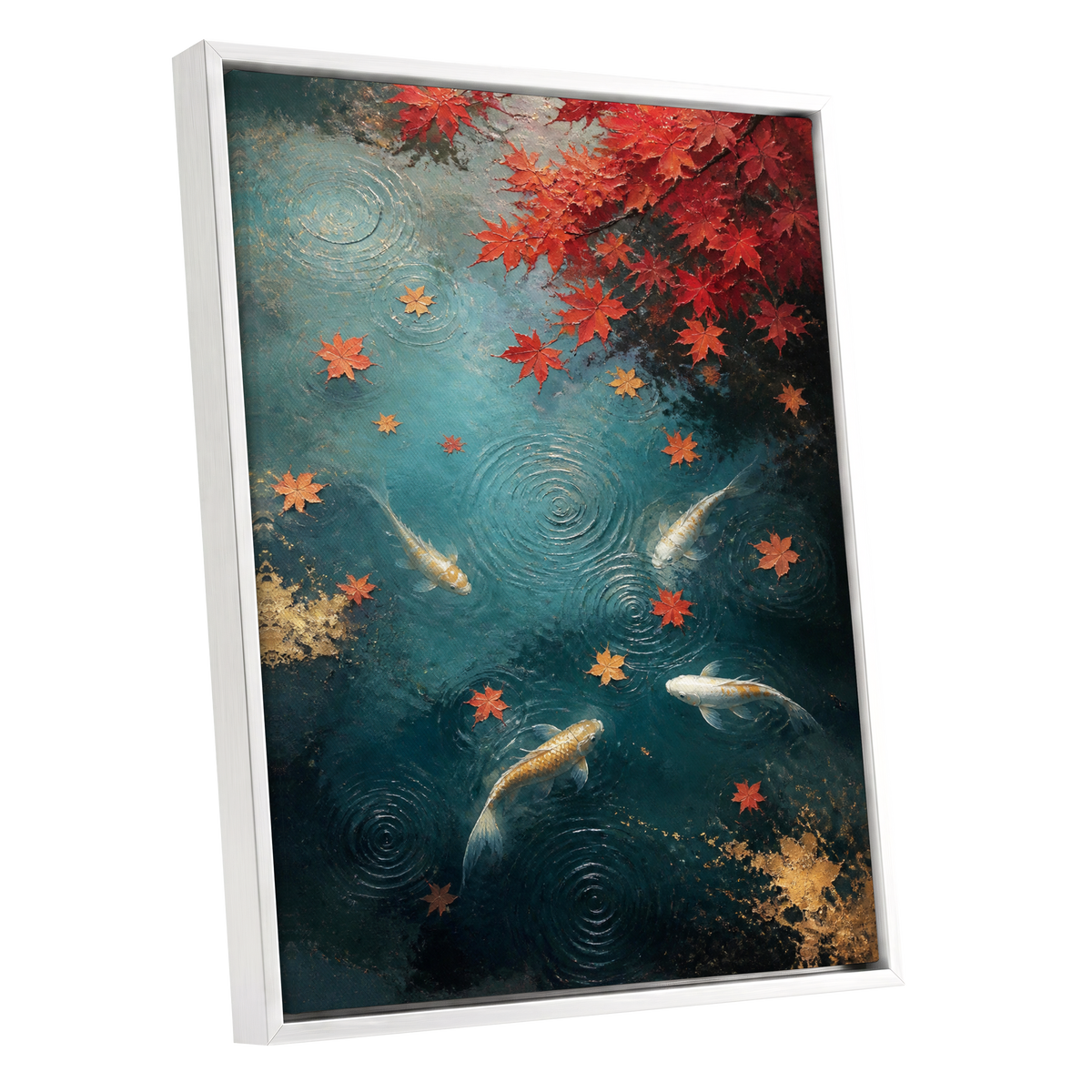 Autumn Koi Reverie, blue, red, gold nature wall art shown as a white framed canvas wall art