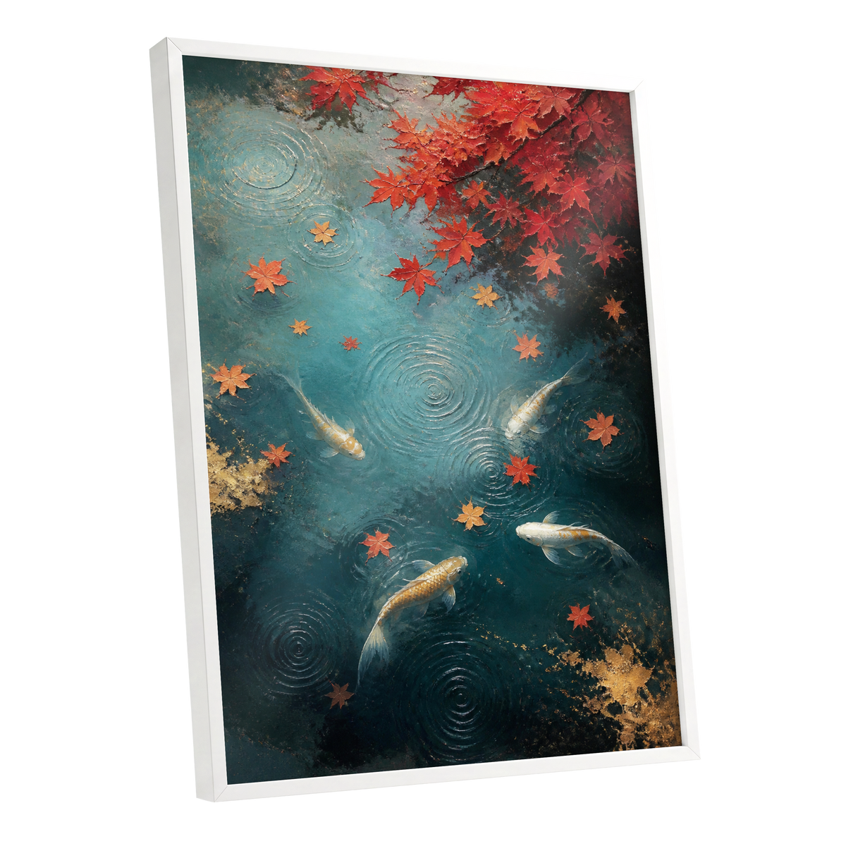 Autumn Koi Reverie, blue, red, gold nature wall art shown as a white framed poster wall art print