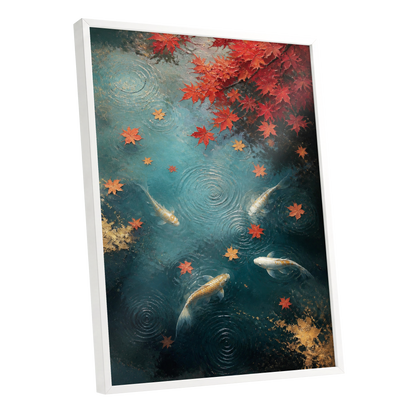 Autumn Koi Reverie, blue, red, gold nature wall art shown as a white framed poster wall art print
