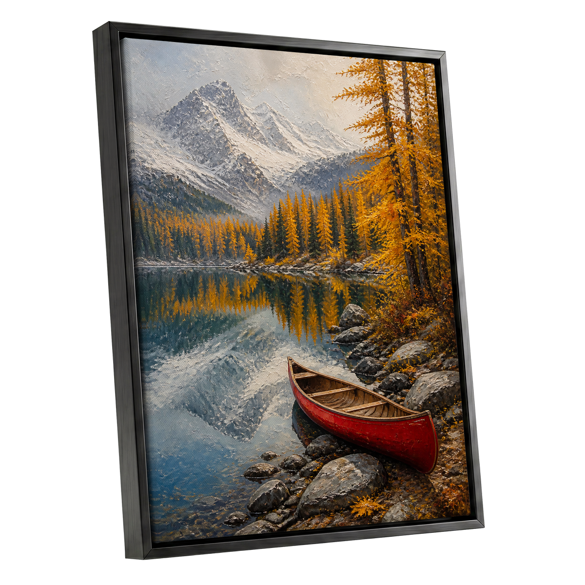 Autumn Lake Stillness, gold, gray, blue nature wall art shown as a black framed canvas wall art
