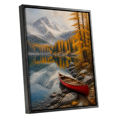 Autumn Lake Stillness, gold, gray, blue nature wall art shown as a black framed canvas wall art