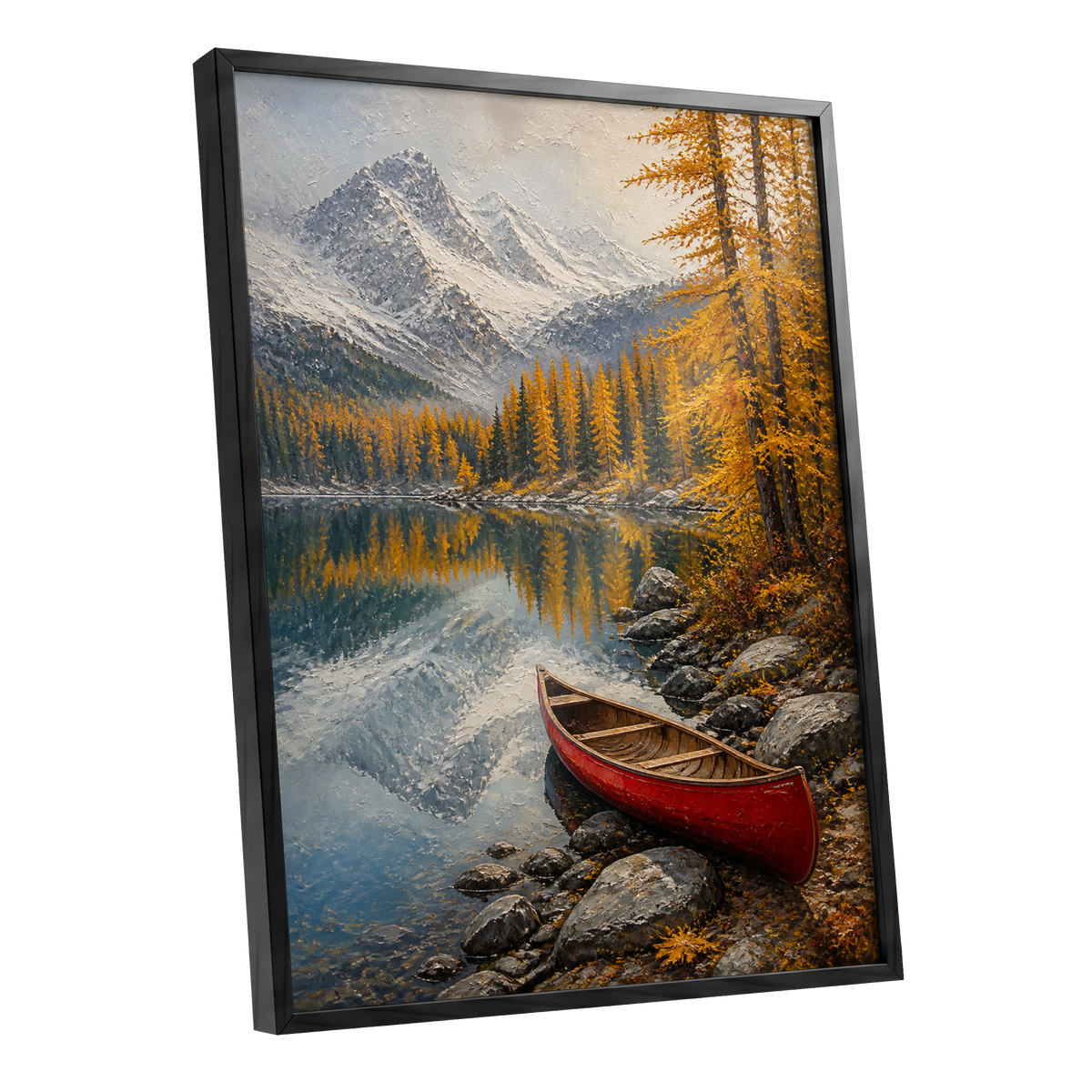 Autumn Lake Stillness, gold, gray, blue nature wall art shown as a black framed poster wall art print