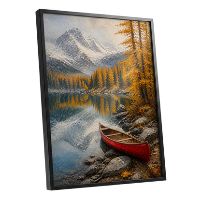 Autumn Lake Stillness, gold, gray, blue nature wall art shown as a black framed poster wall art print