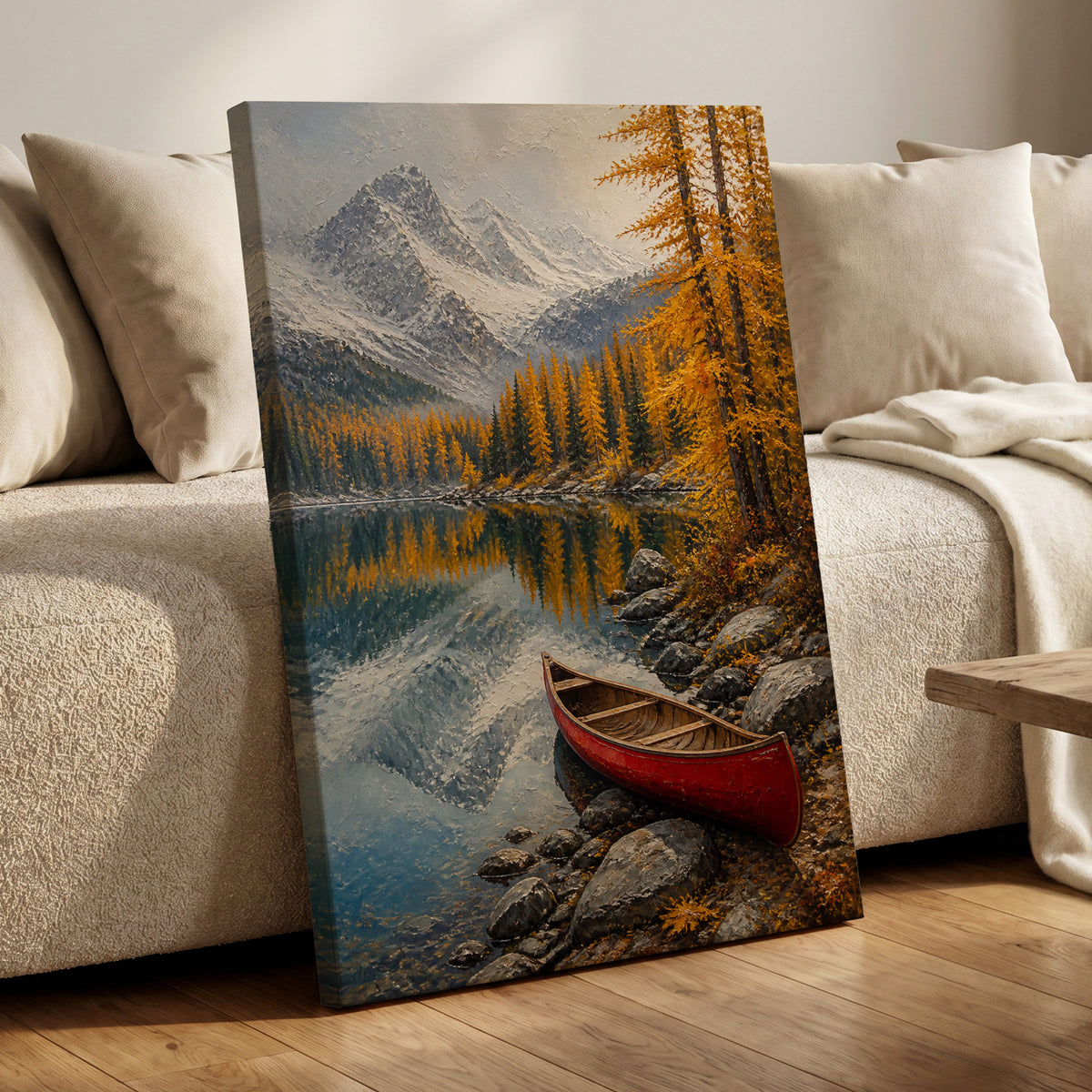 Autumn Lake Stillness, gold, gray, blue nature wall art on canvas displayed in a styled interior, gallery view 1