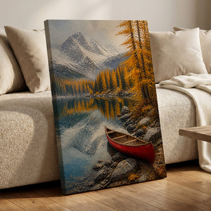 Autumn Lake Stillness, gold, gray, blue nature wall art on canvas displayed in a styled interior, gallery view 1