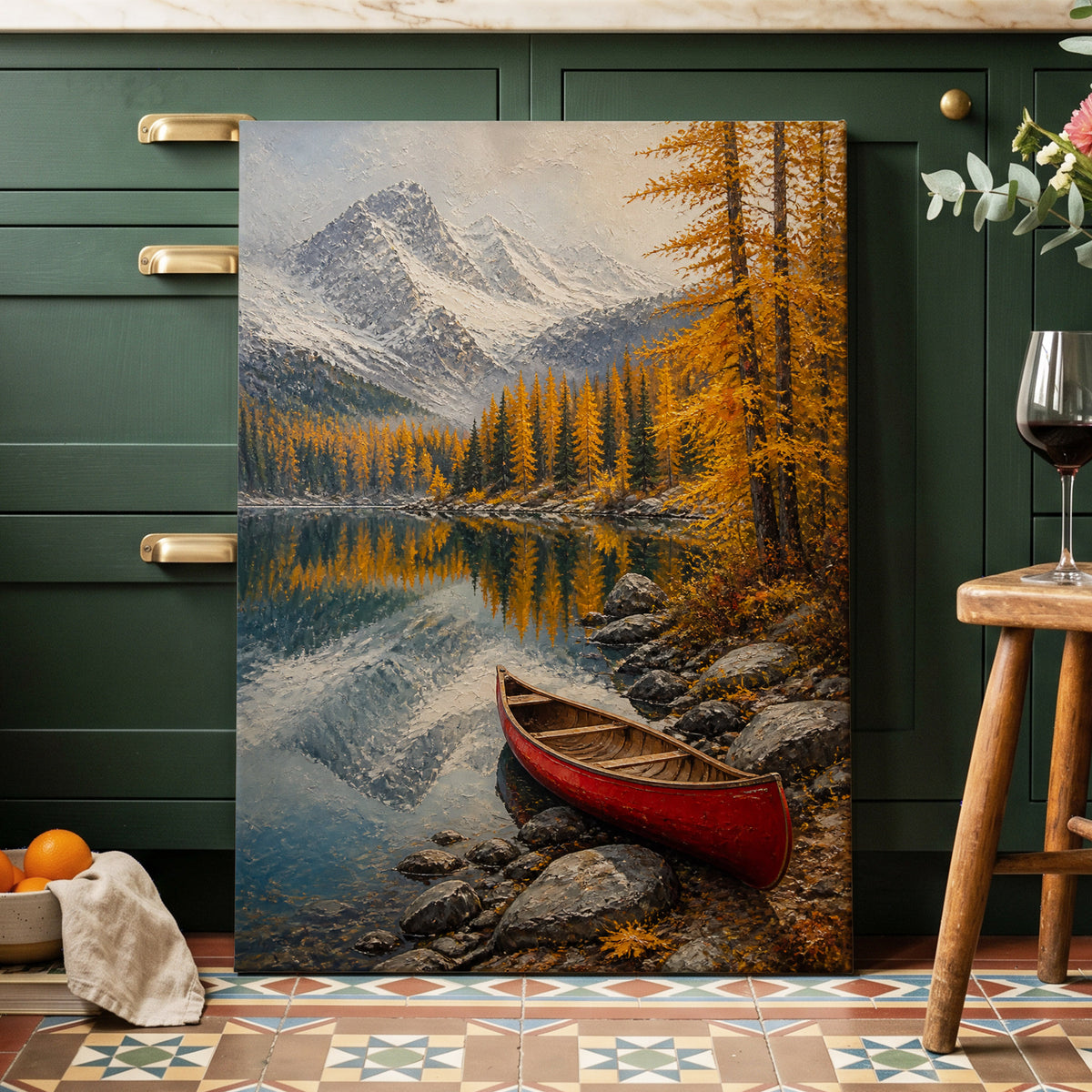Autumn Lake Stillness, gold, gray, blue nature wall art on canvas displayed in a styled interior, gallery view 2