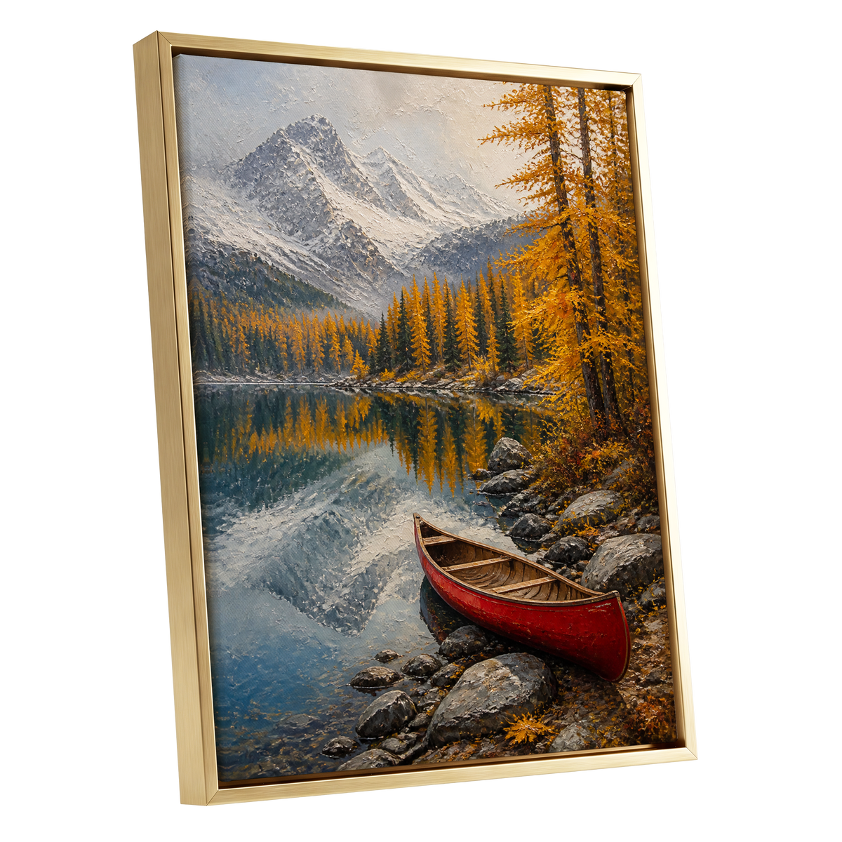 Autumn Lake Stillness, gold, gray, blue nature wall art shown as a gold framed canvas wall art
